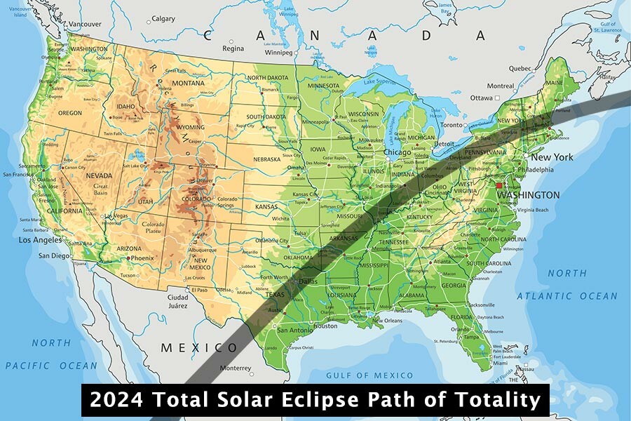 2024 Solar Eclipse path of totality over North America